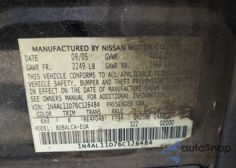 2006 Nissan Altima 2.5 S z USA, uszkodzony, nr VIN 1N4AL11D76C126484